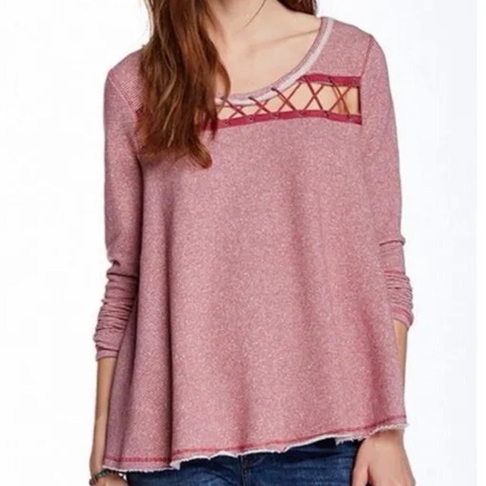 Free People Criss Cross Magenta Pink Striped Pullover Long Sleeve Sweatshirt Top